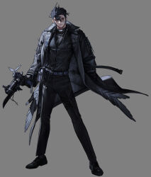 Rule 34 | 1boy, absurdres, black coat, black hair, black pants, black shirt, coat, commentary, earrings, english commentary, feathered wings, feathers, full body, grey background, hair between eyes, highres, holding, holding weapon, jewelry, knife, legs apart, low wings, male focus, original, pants, rinotuna, shadow, shirt, short hair, simple background, solo, standing, tiles, weapon, wings