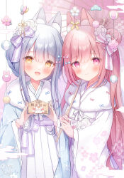 Rule 34 | 2girls, :d, absurdres, animal ears, blue bow, blue hair, blush, bow, closed mouth, commentary request, cowboy shot, expressionless, floral print, flower, hair bow, hair flower, hair ornament, hair over shoulder, hairclip, highres, holding, holding umbrella, japanese clothes, kimono, long hair, looking at viewer, multiple girls, nengajou, new year, oil-paper umbrella, omochi monaka, open mouth, original, pink bow, pink eyes, pink flower, pleated skirt, print kimono, purple bow, rabbit ears, red hair, sidelocks, skirt, smile, standing, umbrella, white background, white kimono, white skirt, yellow eyes