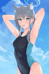 Rule 34 | 1girl, absurdres, animal ears, arms behind head, bare arms, bare shoulders, black one-piece swimsuit, blue archive, blue eyes, blue halo, competition swimsuit, cross hair ornament, day, extra ears, grey hair, hair ornament, halo, highres, medium hair, official alternate costume, one-piece swimsuit, outdoors, randouworks, shiroko (blue archive), shiroko (swimsuit) (blue archive), solo, swimsuit, upper body, wolf ears