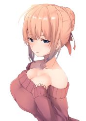 Rule 34 | 1girl, :p, absurdres, alternate costume, bare shoulders, blonde hair, blue eyes, breasts, cleavage, dyson (edaokunnsaikouya), fate/grand order, fate (series), hair bun, hair ribbon, highres, large breasts, long hair, looking at viewer, looking to the side, nero claudius (fate), nero claudius (fate) (all), nero claudius (fate/extra), red ribbon, ribbon, simple background, single hair bun, solo, sweater, tongue, tongue out, white background