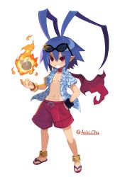 Rule 34 | 1boy, absurdres, anini, blue hair, bracelet, collared shirt, commentary, disgaea, disgaea rpg, eyewear on head, feet, fingernails, flip-flops, full body, glasses, hair between eyes, hand in pocket, highres, jewelry, laharl, legs, male focus, male swimwear, navel, open clothes, open shirt, red eyes, red scarf, red shorts, sandals, scarf, shirt, shorts, smile, solo, sunglasses, swim trunks, teeth, toes, topless male, white background