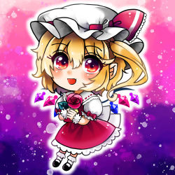 Rule 34 | 1girl, black footwear, blonde hair, bobby socks, collared shirt, commentary request, fang, flandre scarlet, frilled shirt collar, frilled skirt, frilled sleeves, frills, full body, hair between eyes, hat, looking at viewer, maa (forsythia1729), mary janes, medium hair, mob cap, open mouth, puffy short sleeves, puffy sleeves, red eyes, red ribbon, red skirt, red vest, ribbon, ribbon-trimmed headwear, ribbon trim, shirt, shoes, short sleeves, side ponytail, skin fang, skirt, socks, solo, touhou, vest, white hat, white shirt, white socks, wrist cuffs