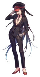 Rule 34 | 1girl, animal ears, belt, black hair, black hat, black jacket, black pants, breasts, buttons, closed mouth, collarbone, fake animal ears, family crest, fate/grand order, fate (series), full body, gloves, grey gloves, grin, hat, high heels, highres, jacket, koha-ace, long hair, long sleeves, looking at viewer, md5 mismatch, medium breasts, oda nobunaga (fate), oda nobunaga (koha-ace), oda uri, pants, peaked cap, rabbit ears, red eyes, red footwear, resolution mismatch, revision, sidelocks, simple background, smile, solo, source larger, very long hair, vivi (eve no hakoniwa), white background