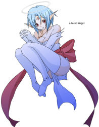 Rule 34 | 1girl, angel wings, bad id, bad pixiv id, bare shoulders, blue hair, breasts, cleavage, closed mouth, commentary request, dress, filia (star ocean), full body, medium hair, pointy ears, solo, star ocean, star ocean the second story, thighhighs, white dress, wings
