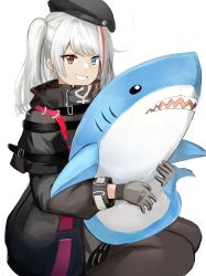 Rule 34 | 1girl, absurdres, beret, black hat, black jacket, black pantyhose, blue eyes, commission, girls&#039; frontline, gloves, grey gloves, grey hair, hat, heterochromia, highres, holding, holding stuffed toy, ikea, ikea shark, jacket, long hair, mdr (girls&#039; frontline), min-tami, mouth hold, multicolored hair, pantyhose, pixiv commission, red eyes, red hair, side ponytail, sitting, smile, solo, streaked hair, stuffed animal, stuffed shark, stuffed toy, tactical clothes, teeth hold, wariza