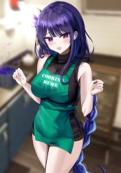 Rule 34 | 1girl, absurdres, apron, bad id, bad twitter id, bare arms, bare shoulders, black sweater, blurry, blurry background, blush, braid, breasts, commentary, commentary request, dress, genshin impact, green apron, hair ornament, hanasaka houcha, hands up, highres, indoors, large breasts, long hair, looking at viewer, low-braided long hair, low-tied long hair, open mouth, pot, purple eyes, purple hair, raiden shogun, revision, sleeveless, sleeveless sweater, smile, solo, sweater, sweater dress, thighs