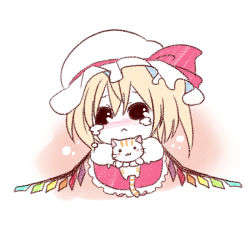 Rule 34 | 1girl, :&lt;, bad id, bad pixiv id, blonde hair, cat, chibi, crying, crying with eyes open, female focus, flandre scarlet, hat, mushi q, short hair, solo, tears, touhou, wings