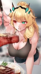 Rule 34 | 1girl, absurdres, bare shoulders, black tank top, blonde hair, breasts, cleavage, dolphin shorts, barghest (fate), fate/grand order, fate (series), food, fork, green eyes, heterochromia, highres, holding, holding fork, large breasts, leaning forward, long hair, looking to the side, open mouth, plate, red eyes, shorts, solo, somebody (leiking00), standing, steak, tank top