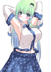 Rule 34 | 1girl, absurdres, armpits, arms behind head, arms up, blunt bangs, blush, breasts, cowboy shot, detached sleeves, floppy sleeves, frog hair ornament, green eyes, green hair, hair ornament, hair tubes, highres, kochiya sanae, large breasts, long hair, looking at viewer, midriff, navel, nontraditional miko, skirt, sleeves past fingers, sleeves past wrists, snake hair ornament, solo, tomo (uguisu-tei), touhou, very long hair, white background