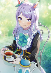 1girl anbutter_siruko animal_ears black_jacket bow bowtie cup ear_ribbon green_bow green_bowtie green_ribbon highres holding holding_cup holding_saucer horse_ears horse_girl jacket long_hair long_sleeves looking_at_viewer mejiro_mcqueen_(umamusume) purple_eyes purple_hair ribbon saucer sitting smile solo teacup teapot twitter_username umamusume