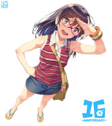 Rule 34 | 1girl, :d, anniversary, artist logo, artist name, bag, bag charm, bare arms, bare legs, bare shoulders, black hair, blue skirt, blush, brown eyes, charm (object), collarbone, collared shirt, commentary request, denim, denim skirt, flip-flops, from above, full body, glasses, hair ornament, hairclip, hand on own hip, highres, looking at viewer, looking up, miniskirt, open mouth, original, pairan, red-framed eyewear, red shirt, round teeth, salute, sandals, shirt, shoulder bag, simple background, skirt, sleeveless, sleeveless shirt, smile, solo, standing, striped clothes, striped shirt, sweatband, teeth, upper teeth only, white background