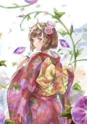 Rule 34 | + +, 1girl, bob cut, brown hair, claw ring, commentary request, demon girl, demon horns, eriko (princess connect!), floral print, flower, hair flower, hair ornament, highres, horns, inverted bob, japanese clothes, kimono, looking at viewer, looking back, matsukura nemu, pink flower, pink rose, princess connect!, print kimono, purple eyes, rose, solo, symbol-shaped pupils