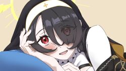 Rule 34 | 1girl, black hair, black hat, blue archive, blush, breasts, brilliantko, commentary request, habit, hair between eyes, hair over one eye, halo, hat, highres, hinata (blue archive), long hair, looking at viewer, lying, nun, on side, open mouth, pillow, red eyes, simple background, solo, upper body