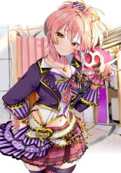 Rule 34 | 1girl, blush, bow, collarbone, commentary, crop top, hair bow, head tilt, high ponytail, highres, idol, idolmaster, idolmaster cinderella girls, jacket, jewelry, jougasaki mika, looking at viewer, navel, necklace, pink hair, plaid, plaid skirt, pleated skirt, ponytail, purple jacket, skirt, smile, solo, stage, symbol-only commentary, thighhighs, w, yuanagae, zettai ryouiki