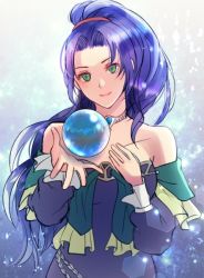 Rule 34 | 1girl, bare shoulders, blue hair, breasts, choker, closed mouth, dress, green eyes, jewelry, long hair, looking at viewer, mavelle froessen, orb, ponytail, purple dress, smile, solo, souyou26, star ocean, star ocean first departure