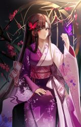 Rule 34 | 1girl, absurdres, bad id, bad twitter id, brown hair, bug, butterfly, butterfly hair ornament, flower, grass, hair ornament, hand up, highres, insect, japanese clothes, kimono, kyo (maae00), light, light blush, long hair, looking at viewer, night, night sky, original, outdoors, parted bangs, plant, print kimono, purple butterfly, purple kimono, red butterfly, red eyes, red flower, sitting, sky, solo, straight hair
