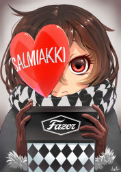 Rule 34 | 1girl, :s, black scarf, box, brown gloves, brown hair, candy, closed mouth, commentary, diamond (shape), english commentary, enpera, eyelashes, fazer, food, fur-trimmed sleeves, fur trim, gloves, heart, highres, holding, holding box, mask, mask over one eye, messy hair, mugi-b, one eye covered, original, personification, portrait, product girl, product placement, red eyes, salmiakki, sanpaku, scarf, short hair, signature, solo, straight-on, vignetting, wavy mouth, white scarf