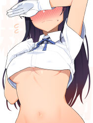 Rule 34 | 1girl, black hair, blouse, blush, breasts, character name, closed mouth, collared shirt, covered erect nipples, flying sweatdrops, gloves, kantai collection, long hair, medium breasts, navel, one-hour drawing challenge, oyashio (kancolle), shirt, short sleeves, simple background, solo, taketora suzume, underboob, upper body, white background, white gloves, white shirt