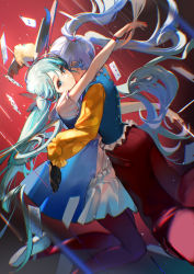 Rule 34 | 2girls, absurdres, black gloves, blue dress, blue eyes, blue hair, blue vest, bracelet, card, closed mouth, commentary request, dress, dual persona, dutch angle, gloves, hatsune miku, highres, hug, jewelry, karakuri pierrot (vocaloid), light particles, long hair, long sleeves, looking at viewer, multiple girls, pants, pantyhose, playing card, purple hair, red background, red pants, rumoon, shirt, short sleeves, twintails, vest, vocaloid, white footwear, yellow shirt
