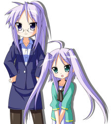 Rule 34 | 00s, 2girls, aged up, ahoge, aqua eyes, business suit, cardigan, formal, glasses, hands on own hips, hiiragi kagami, if they mated, long hair, lucky star, md5 mismatch, multiple girls, open mouth, pantyhose, pencil skirt, ponytail, purple eyes, purple hair, rindou (awoshakushi), sidelocks, simple background, skirt, skirt suit, smile, suit, tsurime, twintails, v arms, white background