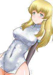 Rule 34 | 1girl, absurdres, blonde hair, blush, breasts, carpaccio (girls und panzer), chinese clothes, girls und panzer, green eyes, groin, highres, io-catalyst, large breasts, looking at viewer, no panties, simple background, smile, solo, white background