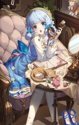 Rule 34 | 1girl, absurdres, ayaka (genshin impact), blue dress, blue eyes, blue footwear, blue hair, blunt bangs, book, braid, breasts, bug, butterfly, butterfly hair ornament, cat, collar, couch, dog, dress, flower, genshin impact, hair flower, hair ornament, hand up, hat, high collar, high heels, highres, holding, holding phone, indoors, insect, kamisato ayaka, kamisato ayaka (springbloom missive), long sleeves, looking at viewer, medium breasts, official alternate costume, official alternate hairstyle, on couch, pantyhose, parted lips, paya (aejx2345), phone, puffy long sleeves, puffy sleeves, ribbon, shiba inu, sitting, solo, white collar, white pantyhose, white ribbon