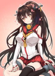 Rule 34 | 10s, 1girl, breasts, brown eyes, brown hair, flower, hair flower, hair ornament, kantai collection, large breasts, long hair, looking at viewer, miniskirt, mirakururu, personification, ponytail, single thighhigh, skirt, solo, thighhighs, very long hair, yamato (kancolle)