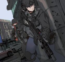 Rule 34 | 2girls, assault rifle, black jacket, black leggings, blue eyes, blue leggings, bow, braid, bulletproof vest, car, city, ear protection, embodiment of scarlet devil, gloves, green bow, grey gloves, gun, headset, helmet, highres, holding, holding gun, holding weapon, hong meiling, izayoi sakuya, jacket, knee pads, leggings, load bearing vest, long hair, looking to the side, magazine (weapon), mask, maxturbo69, motor vehicle, mouth mask, multiple girls, optical sight, orange hair, police, pouch, rifle, short hair, sig mcx, sig sauer, suppressor, tactical clothes, thigh pouch, touhou, trigger discipline, twin braids, walkie-talkie, weapon, white hair