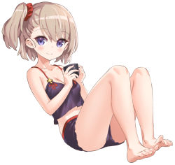 Rule 34 | 1girl, azur lane, bare legs, bare shoulders, black camisole, black shorts, brown hair, camisole, cup, hair ornament, hair scrunchie, holding, holding cup, hori (hori no su), knees up, official art, purple eyes, red scrunchie, scrunchie, shorts, side ponytail, solo, z23 (azur lane)
