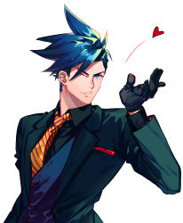 Rule 34 | 1boy, absurdres, asymmetrical hair, black gloves, black vest, blowing kiss, blue eyes, blue hair, buttons, collared jacket, formal, galo thymos, gloves, green suit, highres, jacket, male focus, necktie, one eye closed, promare, short hair, sidecut, simple background, solo, spiked hair, suit, tabno (tanbotalo), undercut, upper body, vest, white background, yellow necktie