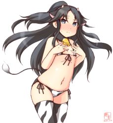 Rule 34 | 1girl, animal ears, animal print, artist logo, bell, bikini, black hair, blue eyes, commentary request, cow ears, cow horns, cow print, cow tail, cowbell, cowboy shot, dated, fake animal ears, fake horns, flat chest, front-tie top, highres, horns, kanon (kurogane knights), kantai collection, katsuragi (kancolle), long hair, looking at viewer, micro bikini, navel, one-hour drawing challenge, ponytail, side-tie bikini bottom, simple background, solo, standing, swimsuit, tail, thighhighs, white background, white bikini, white thighhighs
