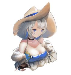 Rule 34 | 1girl, alchemy stars, azure (alchemy stars), bare shoulders, blue dress, blue eyes, blue hair, breasts, choker, cleavage, cowboy hat, dress, facial mark, fur-trimmed jacket, fur trim, hat, highres, jacket, large breasts, multicolored hair, silver hair, smile, solo, upper body