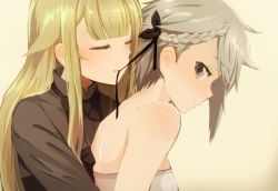 Rule 34 | 2girls, ange (princess principal), arm at side, bare back, bare shoulders, black bow, black bowtie, blonde hair, blush, bowtie, braid, breasts, closed eyes, closed mouth, collared shirt, couple, eyebrows hidden by hair, from side, grey hair, grey shirt, hair ornament, head down, hug, hug from behind, long hair, looking at viewer, mouth hold, multiple girls, neck, princess (princess principal), princess principal, shirt, sidelocks, simple background, small breasts, straight hair, strapless, upper body, yuri