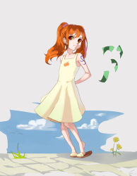 Rule 34 | 1girl, 47 hard, aged down, arm tattoo, arms behind back, bare arms, bare legs, bare shoulders, child, cloud, collarbone, dress, flat chest, flower, full body, grass, grey background, highres, knees together feet apart, looking at viewer, matching hair/eyes, money, nami (one piece), nose, one piece, orange eyes, orange hair, sky, sleeveless, sleeveless dress, standing, tareme, tattoo, twintails, wind, yellow dress