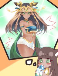 Rule 34 | 1girl, :3, animal ears, bad id, bad pixiv id, bastet (p&amp;d), blush stickers, bracelet, breast conscious, brown hair, cat ears, dark skin, dark-skinned female, drinking, green eyes, hair ornament, headdress, imagining, jewelry, long hair, looking at viewer, midriff, milk, milk carton, navel, aged up, puzzle &amp; dragons, ryun c, solo, strapless, ^^^, symbol-shaped pupils, tube top