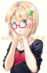 Rule 34 | 1girl, adjusting eyewear, bad id, bad pixiv id, blonde hair, blue eyes, clover hair ornament, four-leaf clover hair ornament, glasses, hair ornament, hairclip, heart, hoshi ichi, jewelry, looking at viewer, necklace, open mouth, original, semi-rimless eyewear, short hair, solo
