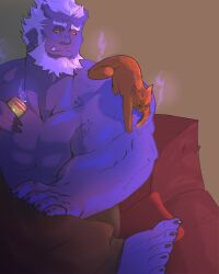 Rule 34 | 1boy, abs, absurdres, animal, animal on shoulder, bara, beard, biceps, blue oni, blue skin, cat, cat on shoulder, colored sclera, colored skin, couch, demon boy, dev (devilmayvibe), facial hair, fingernails, highres, horns, large pectorals, leg up, male focus, mature male, muscular, muscular male, nipples, no pupils, on couch, oni, oni horns, orange cat, orange sclera, original, pectorals, sharp fingernails, short hair, sitting, solo, stomach, thick eyebrows, topless male, tusks, veins, veiny arms, white hair