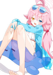 Rule 34 | 1girl, :d, bikini, blue archive, blush, commentary request, eyewear on head, hair bobbles, hair ornament, halo, heterochromia, highres, hoshino (blue archive), hoshino (swimsuit) (blue archive), legs, long hair, looking at viewer, low twintails, official alternate costume, open mouth, pink hair, pink halo, ro/ku, simple background, sitting, smile, solo, sunglasses, swimsuit, twintails, white background, white bikini