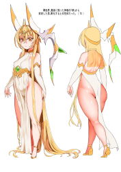 Rule 34 | 1girl, absurdres, ass, blonde hair, breasts, character sheet, era (erasion), expressionless, heels, highres, multiple views, pelvic curtain, small breasts, symbol-shaped pupils, thick thighs, thighs, wide hips