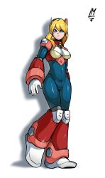 Rule 34 | 1girl, absurdres, alia (mega man), android, armor, blonde hair, blue eyes, breasts, cleavage, highres, lautricious, medium breasts, mega man (series), mega man x (series), robot, thighs, wide hips