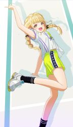Rule 34 | 1girl, at kiwi, bare arms, bare legs, black socks, blonde hair, blush, braid, breasts, commentary, fang, fujita kotone, gakuen idolmaster, idolmaster, long hair, looking to the side, outstretched arms, shirt, shoes, short sleeves, shorts, small breasts, smile, sneakers, socks, solo, twin braids, white shirt