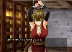 Rule 34 | 1girl, arms up, bdsm, bondage, bound, breasts, fake screenshot, green eyes, kappamaru, long hair, looking at viewer, original, restrained, solo, translation request