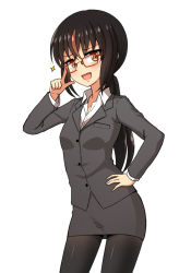 Rule 34 | 1girl, :d, bespectacled, black hair, black jacket, black pantyhose, black skirt, blush, breasts, brown eyes, brown hair, collared shirt, dress shirt, fang, formal, glasses, hair between eyes, hand on own hip, jacket, long hair, long sleeves, looking at viewer, low ponytail, multicolored hair, nanju bami, open mouth, original, pantyhose, pencil skirt, ponytail, red-framed eyewear, shirt, simple background, skirt, skirt suit, small breasts, smile, solo, sparkle, streaked hair, suit, very long hair, white background, white shirt
