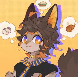 Rule 34 | 1boy, :q, animal ears, anubis (mythology), black shirt, bright pupils, brown fur, brown hair, chicken (food), egyptian mythology, food, furry, furry male, halftone, halftone background, highres, hua hua de meme, jackal boy, jackal ears, jackal tail, looking to the side, orange eyes, original, rabbit, sandwich, shirt, short hair, solo, thought bubble, tongue, tongue out, upper body, white pupils, yellow background
