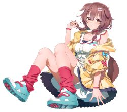 Rule 34 | absurdres, animal collar, animal ears, ankle socks, bad id, bad twitter id, blue footwear, blue ribbon, bone hair ornament, braid, breasts, brown eyes, brown hair, buttons, closed mouth, collar, collarbone, dog ears, dog girl, dog tail, dress, hair ornament, hairclip, highres, hololive, inugami korone, inugami korone (1st costume), jacket, long hair, looking at viewer, medium breasts, off-shoulder jacket, off shoulder, red collar, red ribbon, red socks, ribbon, shinomu (cinomoon), shoes, simple background, sitting, smile, sneakers, socks, solo, tail, twin braids, virtual youtuber, white background, wristband, yellow jacket