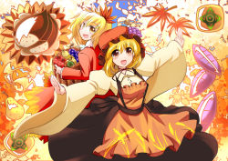 Rule 34 | 2girls, :d, aki minoriko, aki shizuha, apple, apron, autumn leaves, b-q, back-to-back, basket, blonde hair, blouse, brown eyes, chestnut, food, fruit, grapes, hair ornament, hat, holding, kashuu (b-q), leaf, leaf hair ornament, long sleeves, looking at viewer, looking back, mob cap, multiple girls, neck ribbon, open mouth, outstretched arms, pear, persimmon, puffy long sleeves, puffy sleeves, ribbon, shirt, short hair, skirt, smile, spread arms, strap gap, sweet potato, touhou, wide sleeves, wing collar, yellow eyes