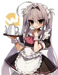 Rule 34 | 1girl, ahoge, apron, ascot, blush, choker, cowboy shot, cup, fang, frilled apron, frills, gauze, grey hair, hair between eyes, hand up, kmnk (kumanuko), long hair, looking at viewer, maid, maid apron, maid headdress, open mouth, original, pink ascot, sailor collar, simple background, smile, solo, tray, twintails, white apron, white background, white sailor collar, wrist cuffs, yellow eyes