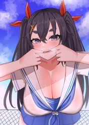 Rule 34 | 1girl, blue skirt, blue sky, blush, breasts, cleavage, finger in own mouth, hair ornament, hairclip, highres, huge breasts, indie virtual youtuber, kotodekun, looking at viewer, miniskirt, mole, mole on breast, mole under eye, open mouth, school uniform, shortstack, skirt, sky, solo, sopra amane, twintails, virtual youtuber