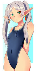 Rule 34 | 1girl, absurdres, aqua background, arms behind back, blue one-piece swimsuit, breasts, competition swimsuit, covered navel, cowboy shot, earrings, elf, frieren, gradient background, green eyes, highleg, highleg swimsuit, highres, jewelry, kisaragi shokuin, long hair, looking at viewer, one-piece swimsuit, pointy ears, purple hair, small breasts, solo, sousou no frieren, swimsuit, twintails