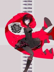 Rule 34 | 1girl, black dress, boots, bullet, cape, corset, cross, dress, flower, frilled boots, frilled skirt, frills, pantyhose, red hair, rose, ruby rose, rwby, grey eyes, skirt, solo